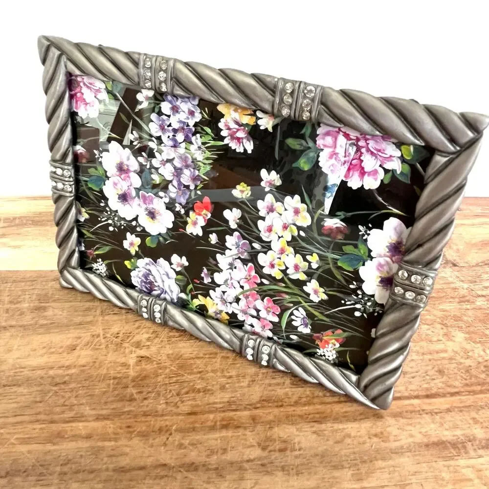 Vintage MCS Pewter Tone Rhinestone Accents Rope Detail Photo Frame Easel 6.5